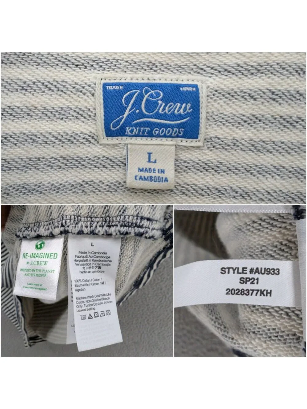J.CREW French Terry Mockneck Sweatshirt Mens Navy Cream Stripe Button Size L